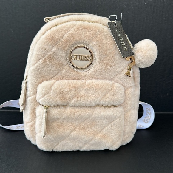 New Guess Cream Plush Mini Backpack with Faux Fur - Picture 1 of 9